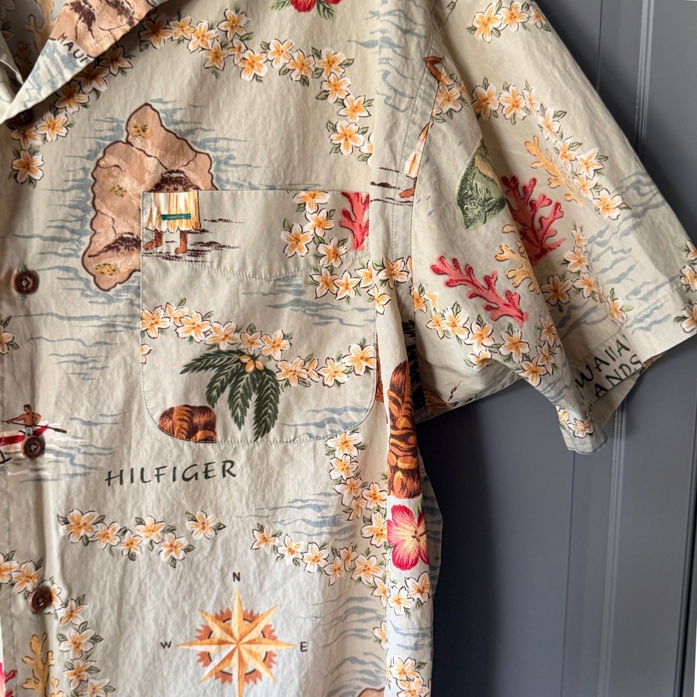 Tommy Hilfiger Vintage 90s Hula Hawaiian Map Print Button Down Shirt, Tan, L - Picture 5 of 11